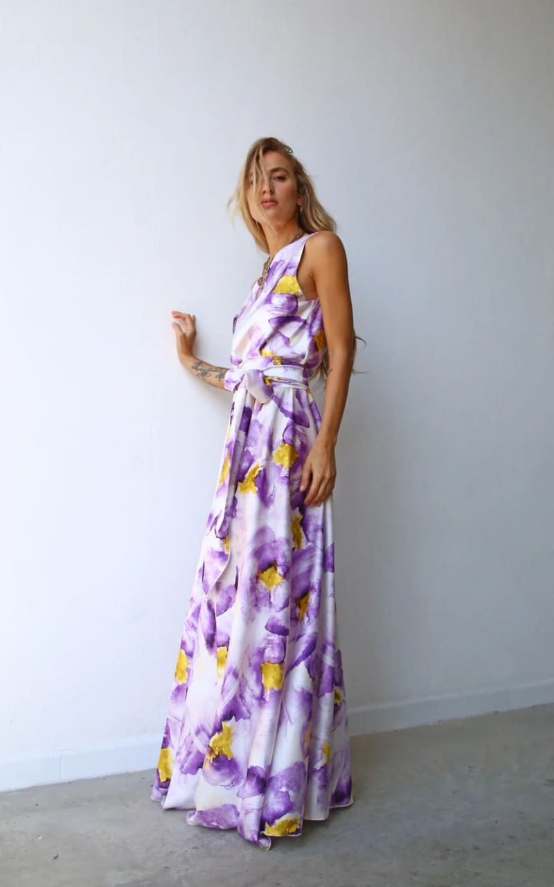 Moqette One Shoulder Satin Dress in Lilac Print DRESS