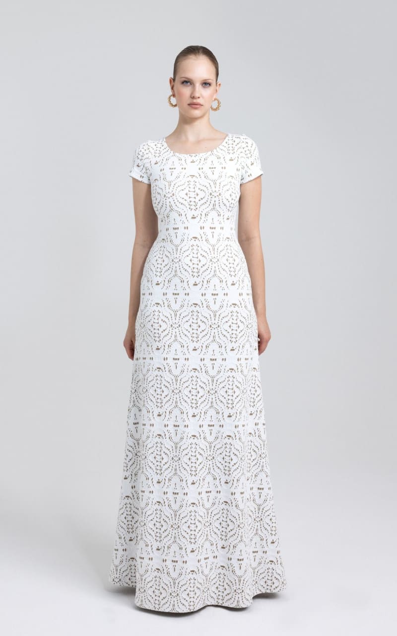 Nadya Toto- Anais Long Lace Jacquard Dress in White Nude