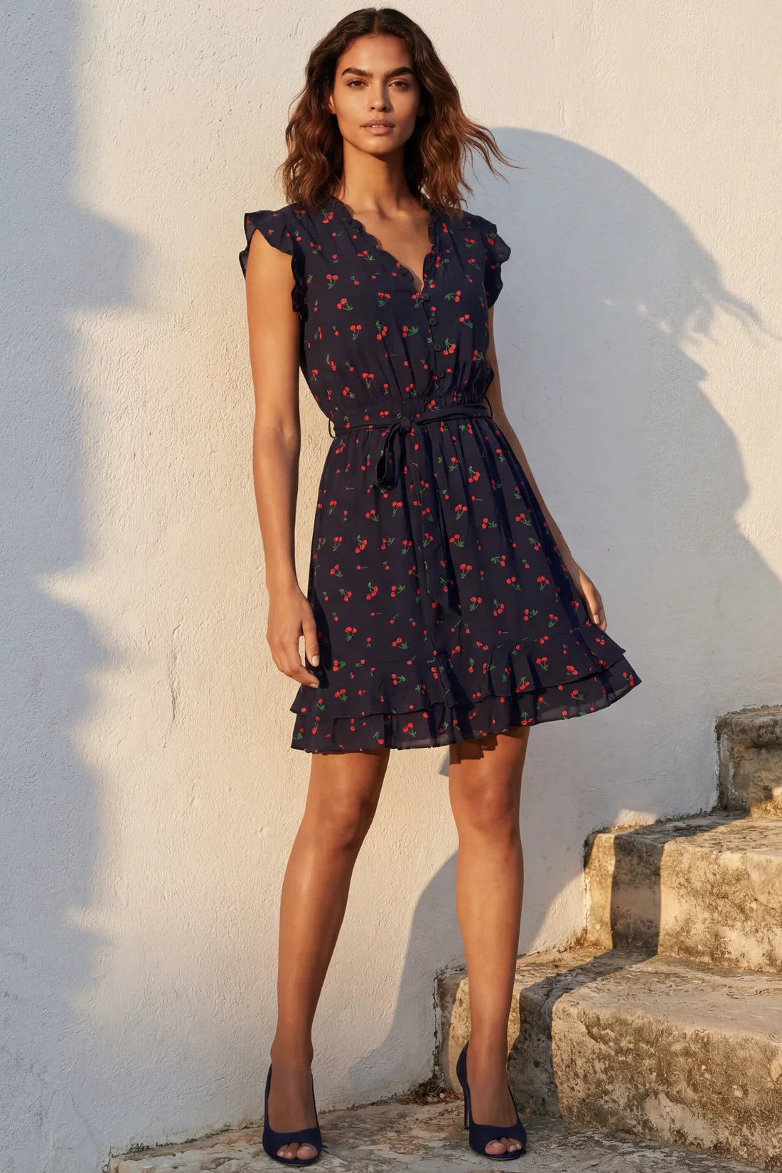Annick- Natasha Cherry Print Mini Dress in Navy