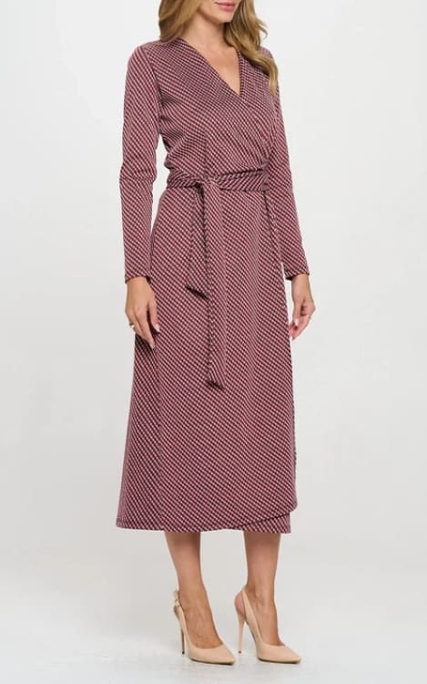 Renee C- Brushed Knit Print V Neck Jersey Wrap Maxi - Dress