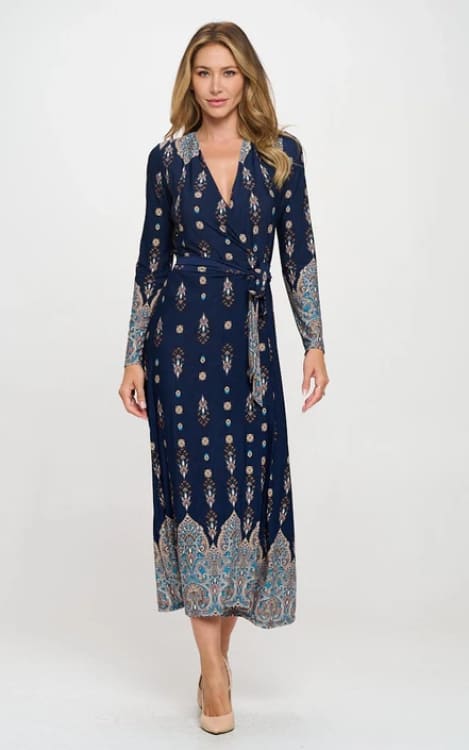 Renee C- Printed V Neck Jersey Wrap Maxi - Dress