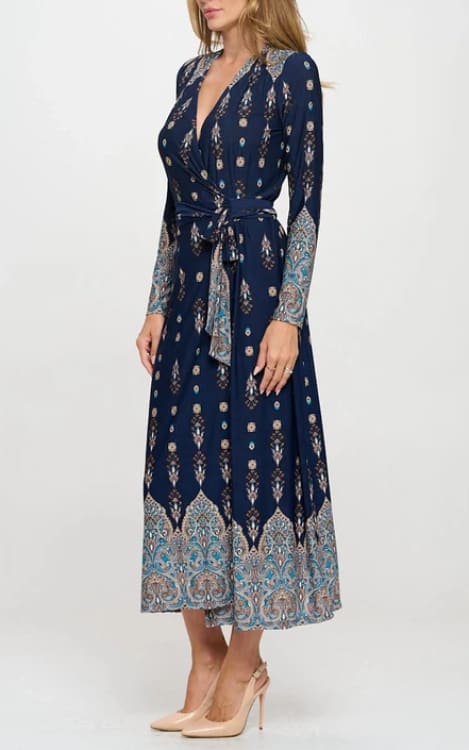 Renee C- Printed V Neck Jersey Wrap Maxi - Dress