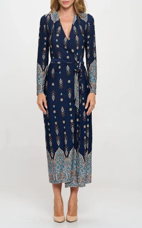 Renee C- Printed V Neck Jersey Wrap Maxi - Dress