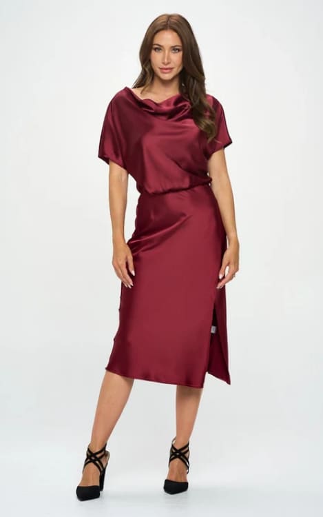 Renee C.- Stretch Satin Blouson Dress in Burgundy