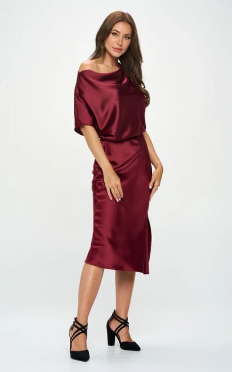 Renee C.- Stretch Satin Blouson Dress in Burgundy