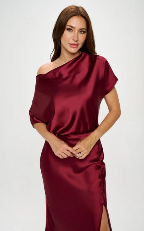 Renee C.- Stretch Satin Blouson Dress in Burgundy