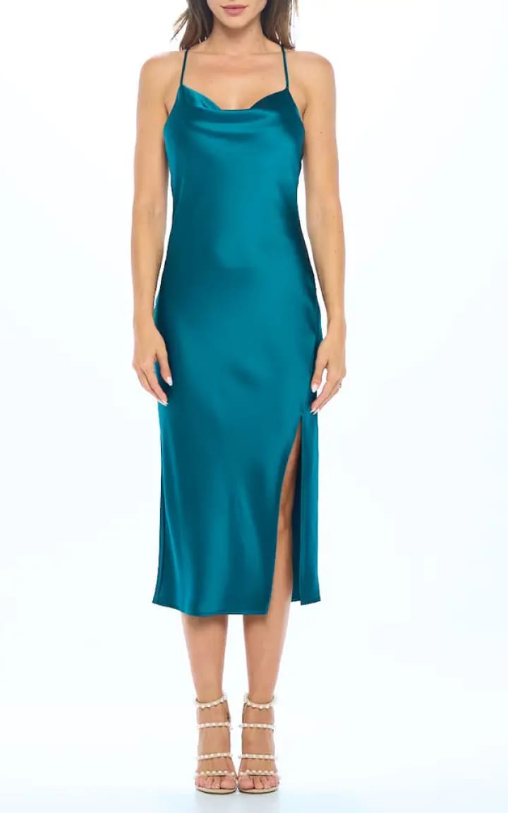 Renee C - Hunter Green Satin Slip Dress with Slit - Dresses