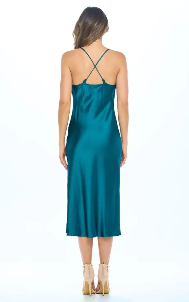 Renee C - Hunter Green Satin Slip Dress with Slit - Dresses