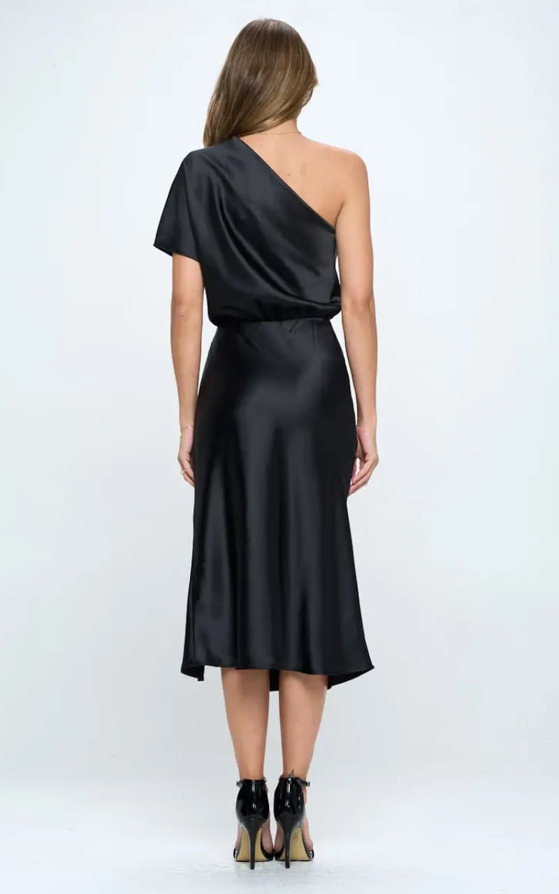 RENEE C Stretch Satin One Shoulder Dress in Black DRESS