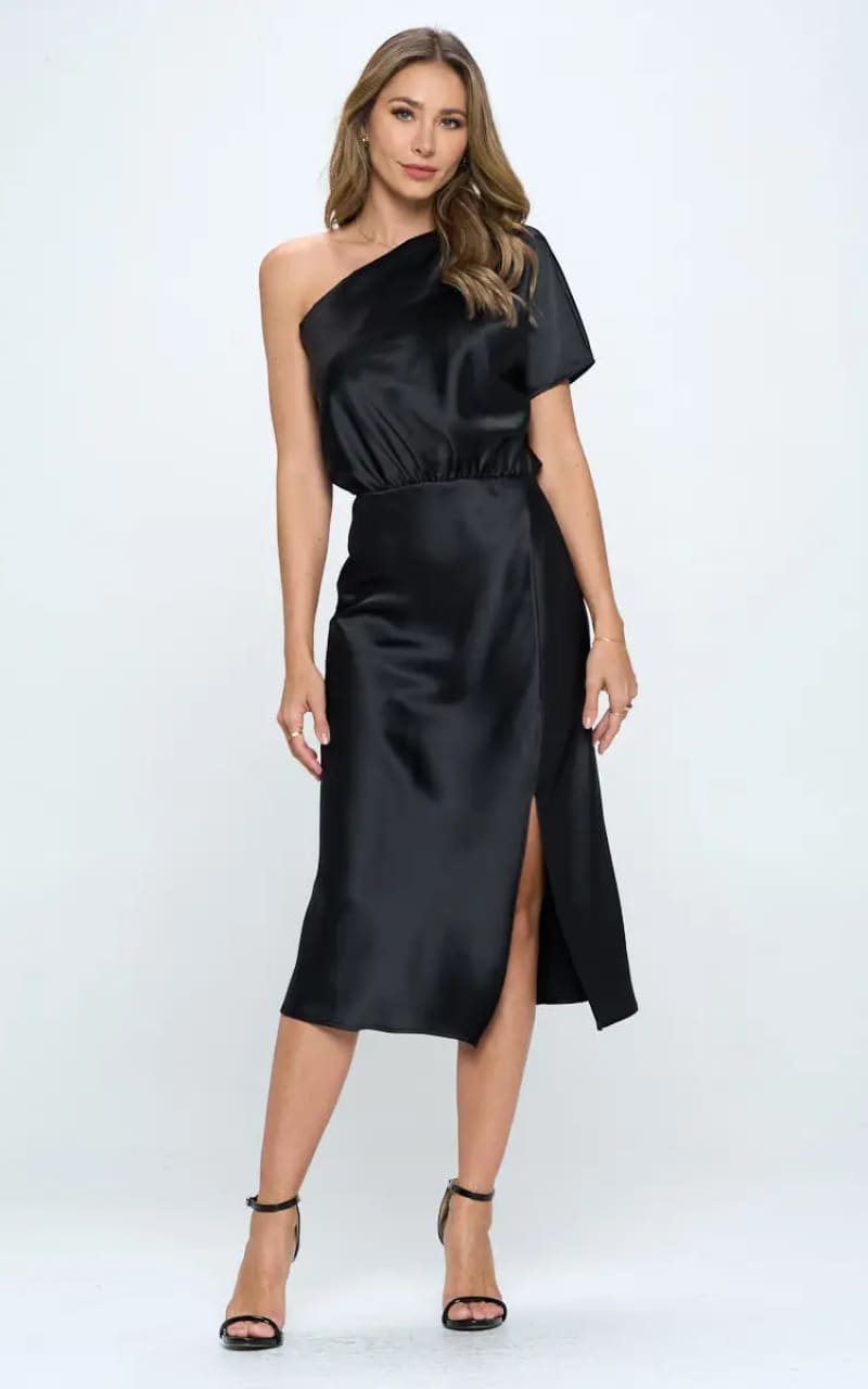 RENEE C Stretch Satin One Shoulder Dress in Black DRESS
