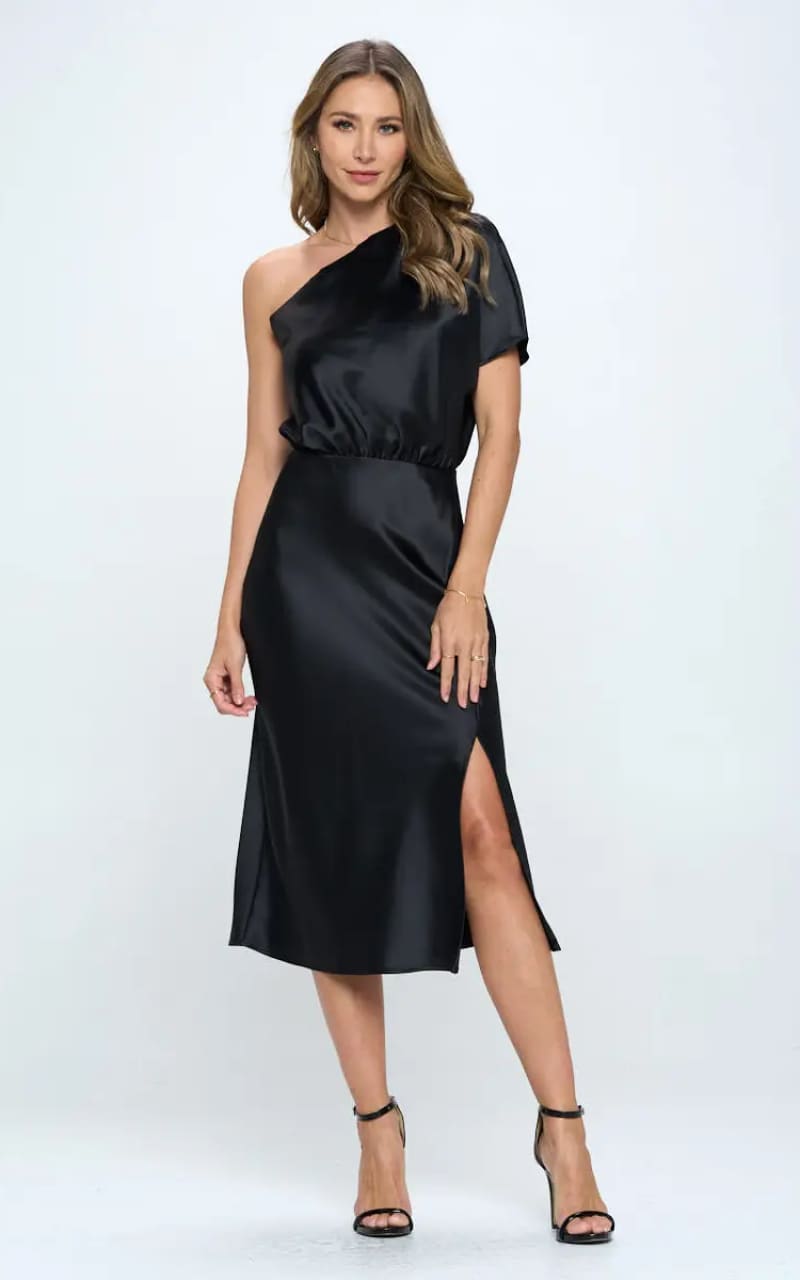 RENEE C Stretch Satin One Shoulder Dress in Black DRESS