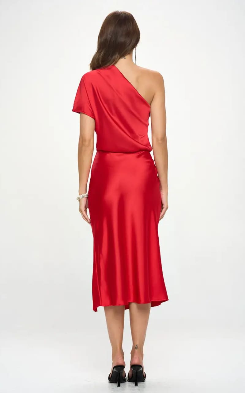 RENEE C Stretch Satin One Shoulder Dress in Red DRESS