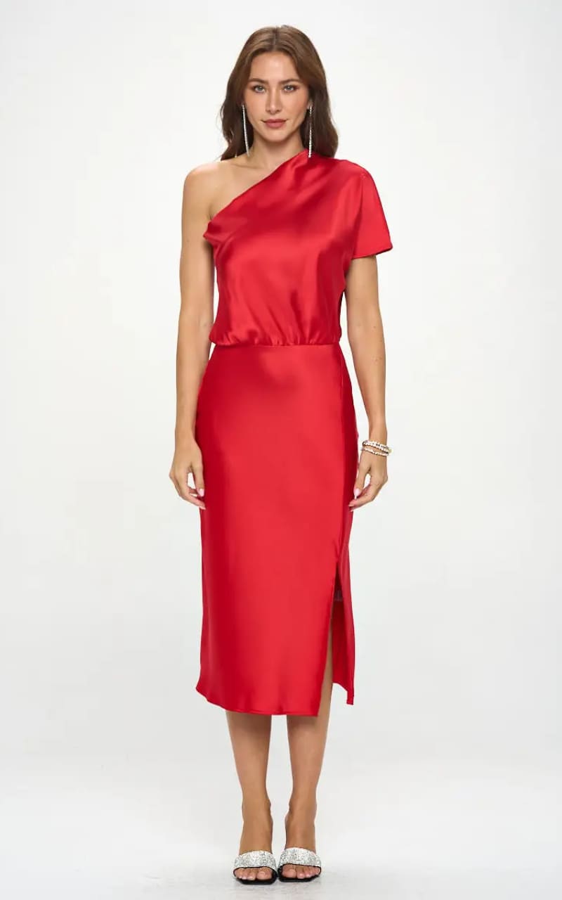 RENEE C Stretch Satin One Shoulder Dress in Red DRESS