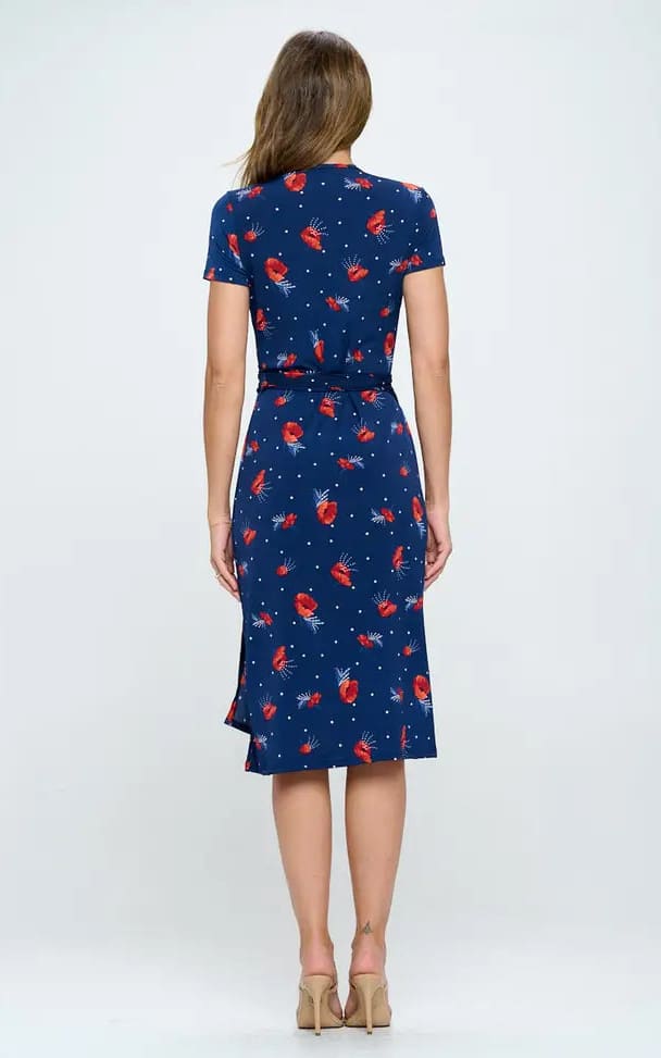 Renee C- Floral Print V Neck Wrap Dress with Tie - dress