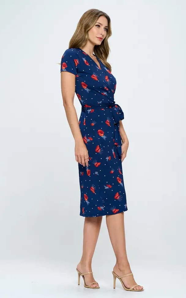 Renee C- Floral Print V Neck Wrap Dress with Tie - dress