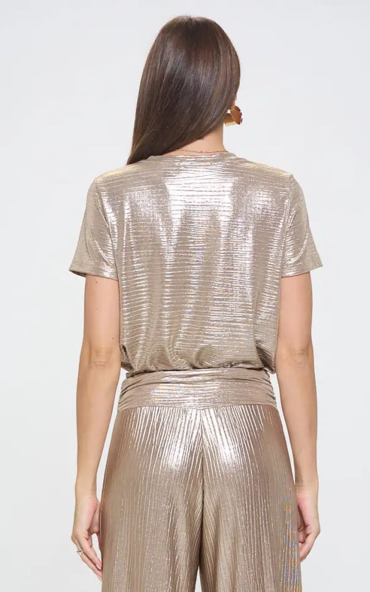 Renee C- Metallic Textured Short Sleeve Top - Shirts & Tops