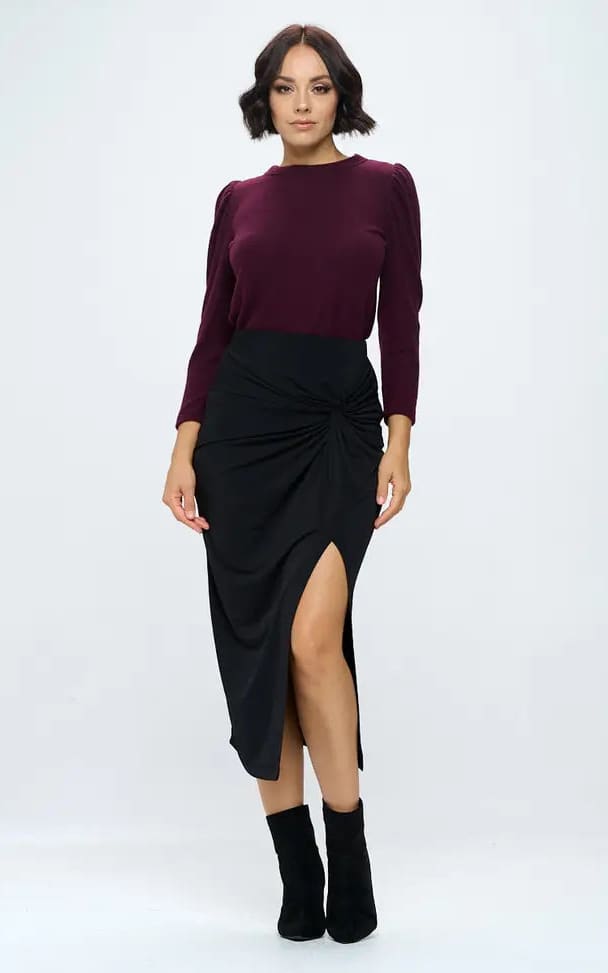 Renee C- Midi Skirt with Front Knot and Slit