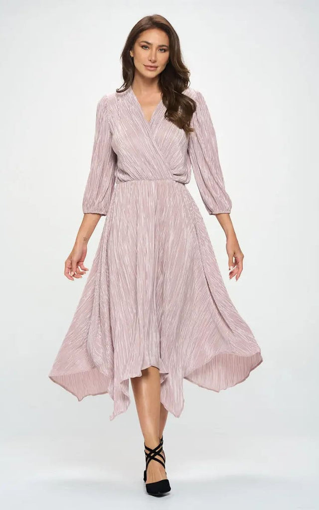 Renee C - Plisse V Neck Dress with Asymmetrical Hem -