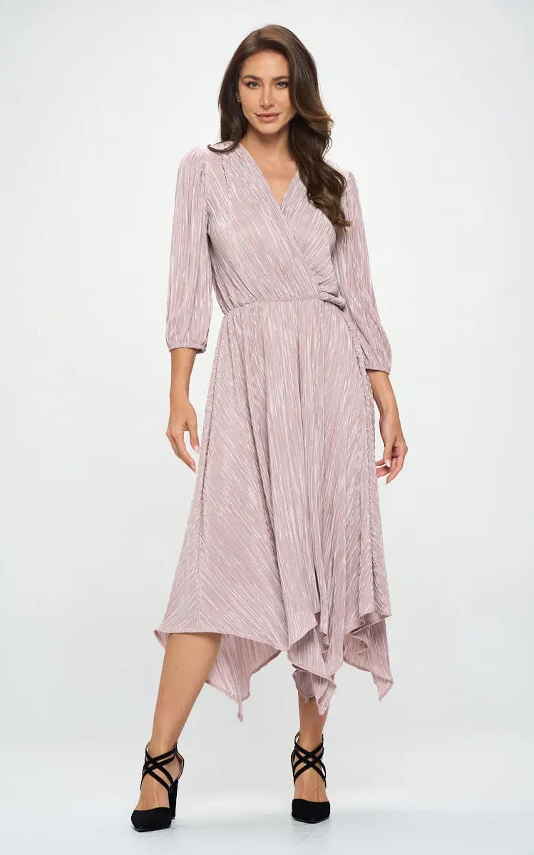 Renee C - Plisse V Neck Dress with Asymmetrical Hem -