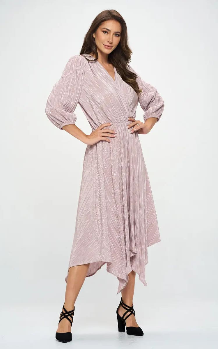 Renee C - Plisse V Neck Dress with Asymmetrical Hem -