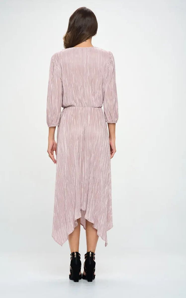 Renee C - Plisse V Neck Dress with Asymmetrical Hem -