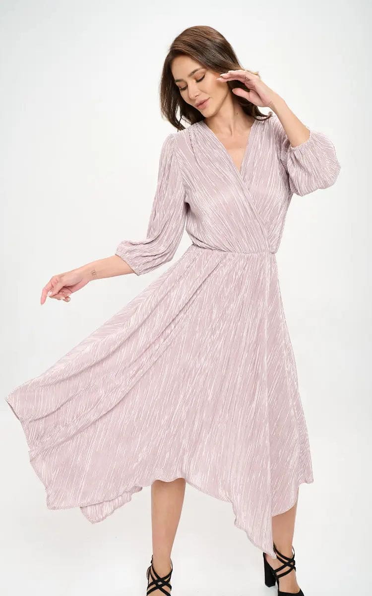 Renee C - Plisse V Neck Dress with Asymmetrical Hem -