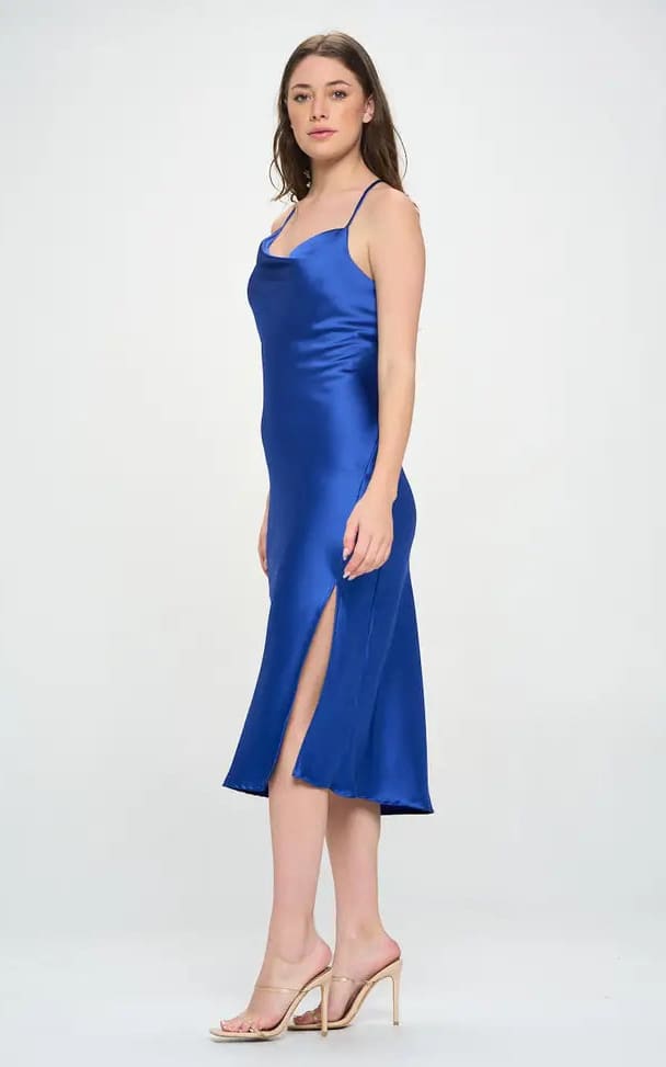 Renee C - Royal Blue Midi Satin Slip Dress w/ Slit Two Way