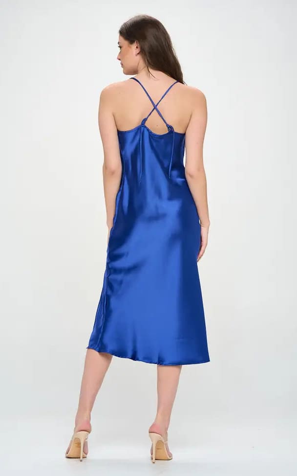 Renee C - Royal Blue Midi Satin Slip Dress w/ Slit Two Way
