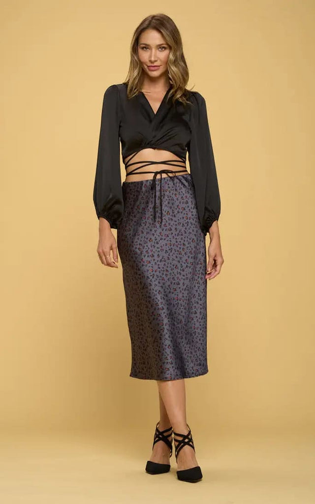 Renee C- Satin Leopard Print Midi Skirt