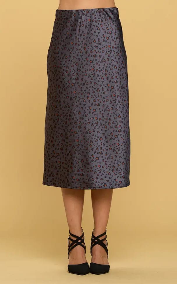 Renee C- Satin Leopard Print Midi Skirt