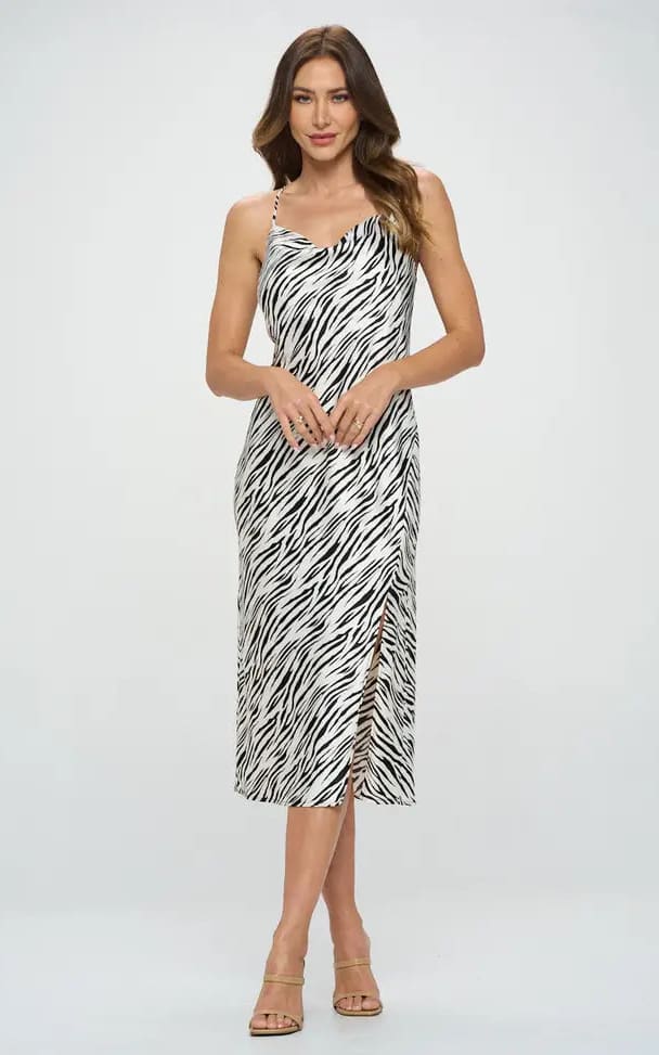 Renee C- Zebra Print Midi Satin Slip Dress with Slit - dress