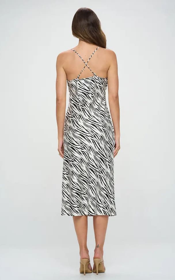 Renee C- Zebra Print Midi Satin Slip Dress with Slit - dress