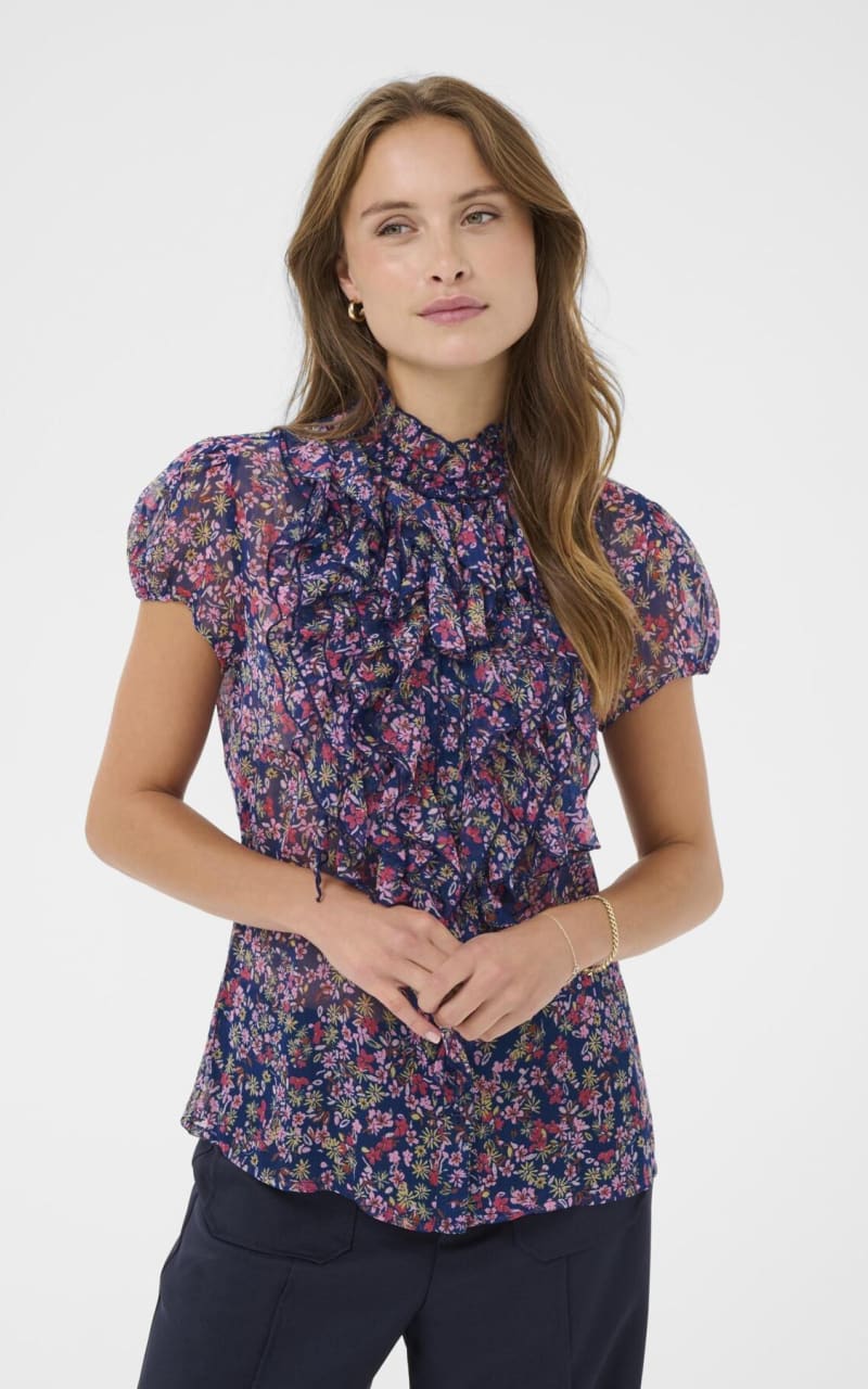 Saint Tropez- Lilja Crinkle Blouse in Navy Peony Bloom