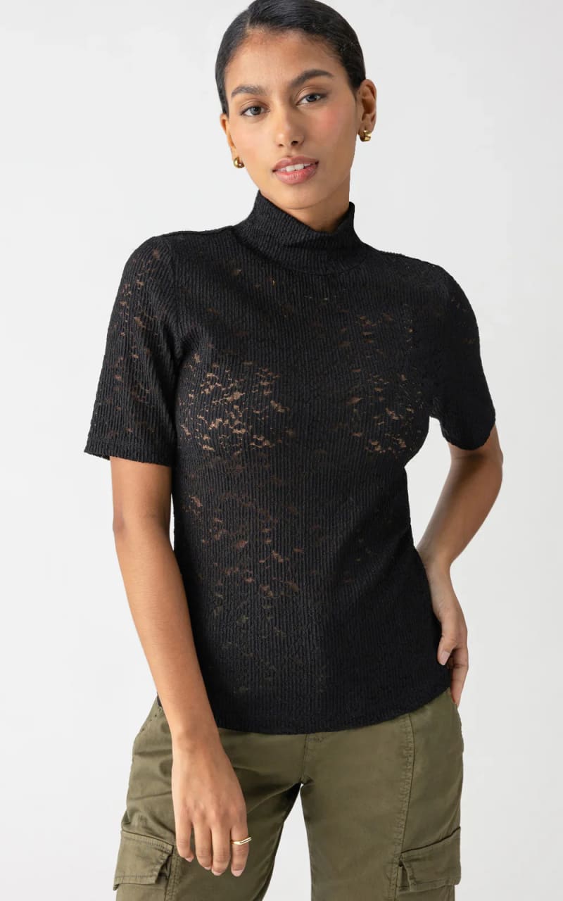 Sanctuary- Short Sleeve Lace Mock Knit Top - Black / XS