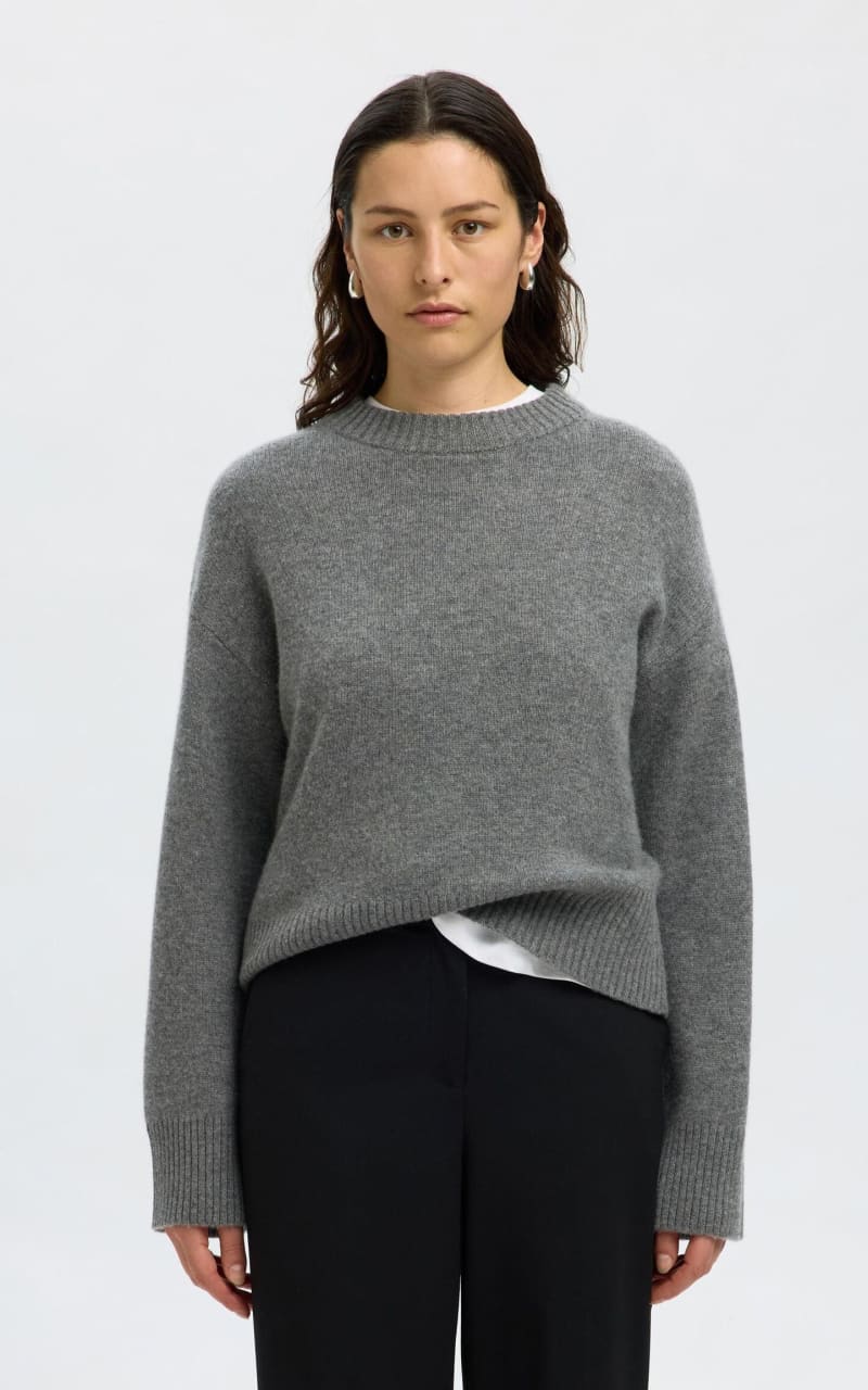 Selected- Cille Cashmere Blend O-Neck Sweater - Medium Grey