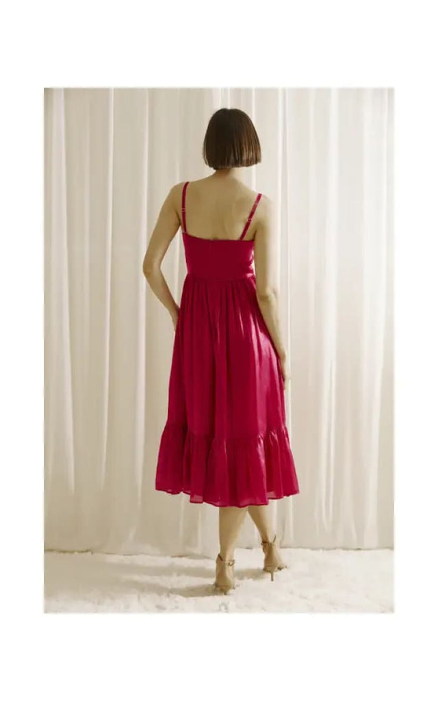 Storia - Monochromatic Bustier Midi Dress in Magenta