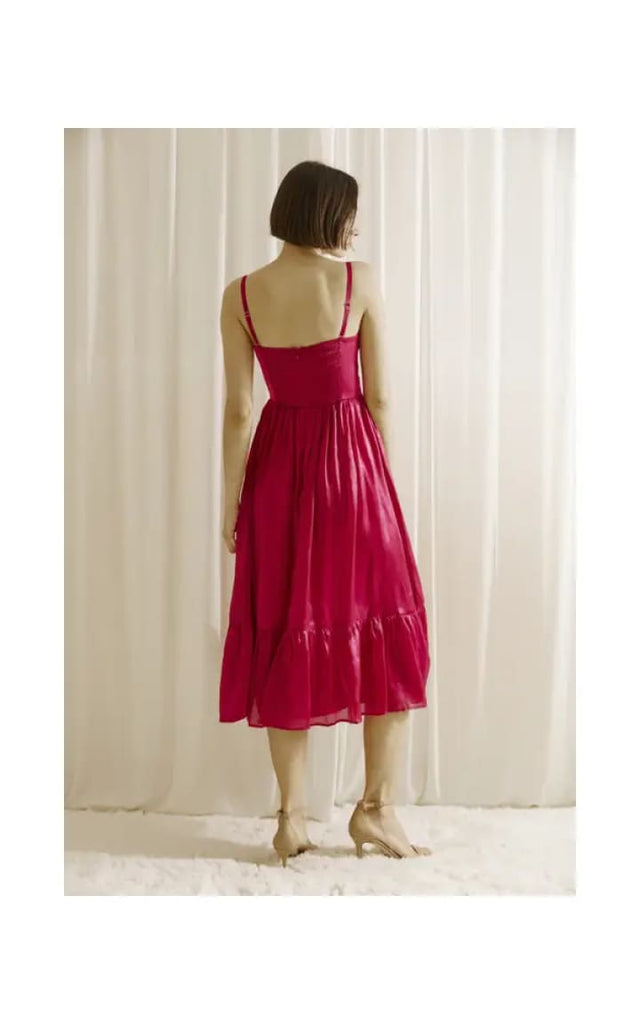 Storia - Monochromatic Bustier Midi Dress in Magenta