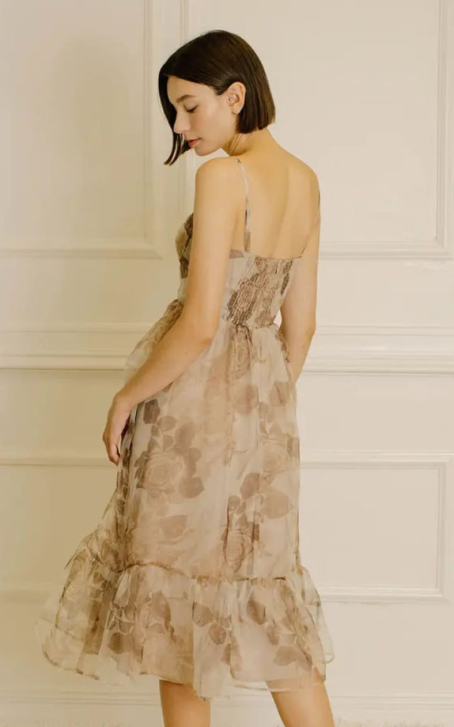 Storia - Sheer Rose Print Strapless Midi Dress - Dresses