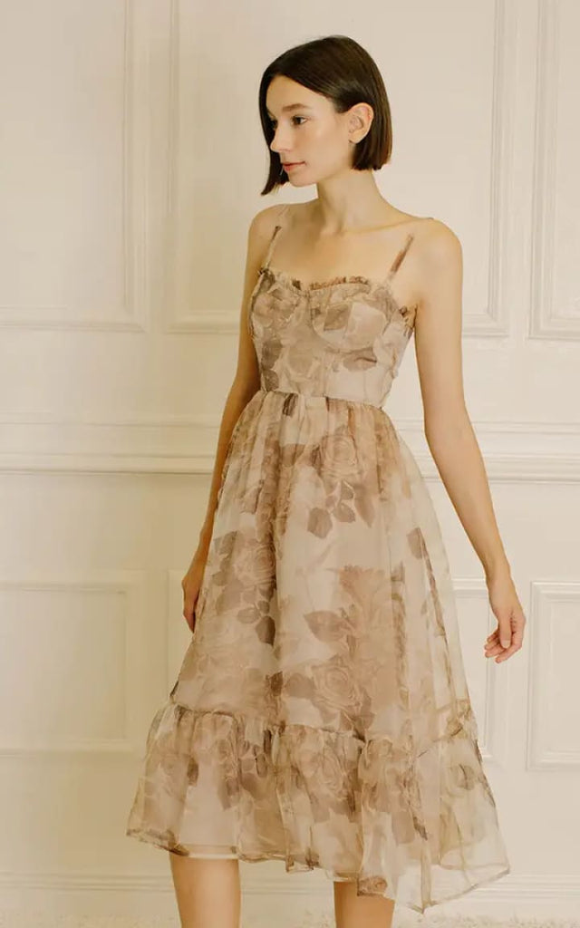 Storia - Sheer Rose Print Strapless Midi Dress - Dresses
