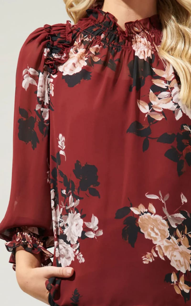 Sugar Lips - Bordeaux Floral Robin Ruffle Blouse