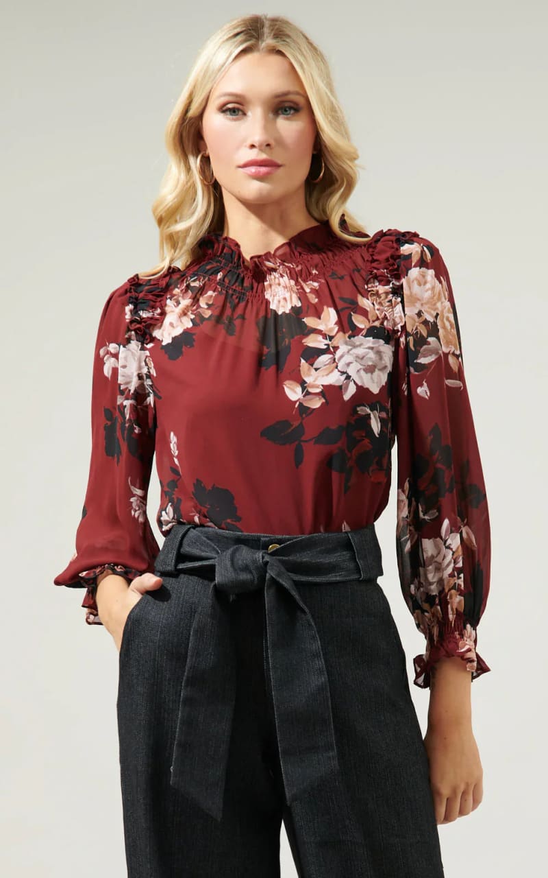 Sugar Lips - Bordeaux Floral Robin Ruffle Blouse