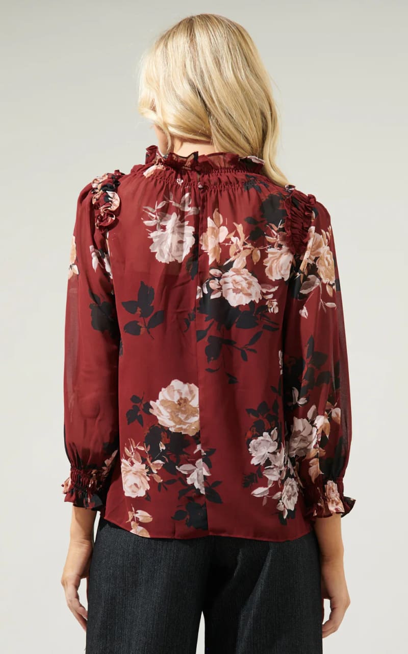 Sugar Lips - Bordeaux Floral Robin Ruffle Blouse