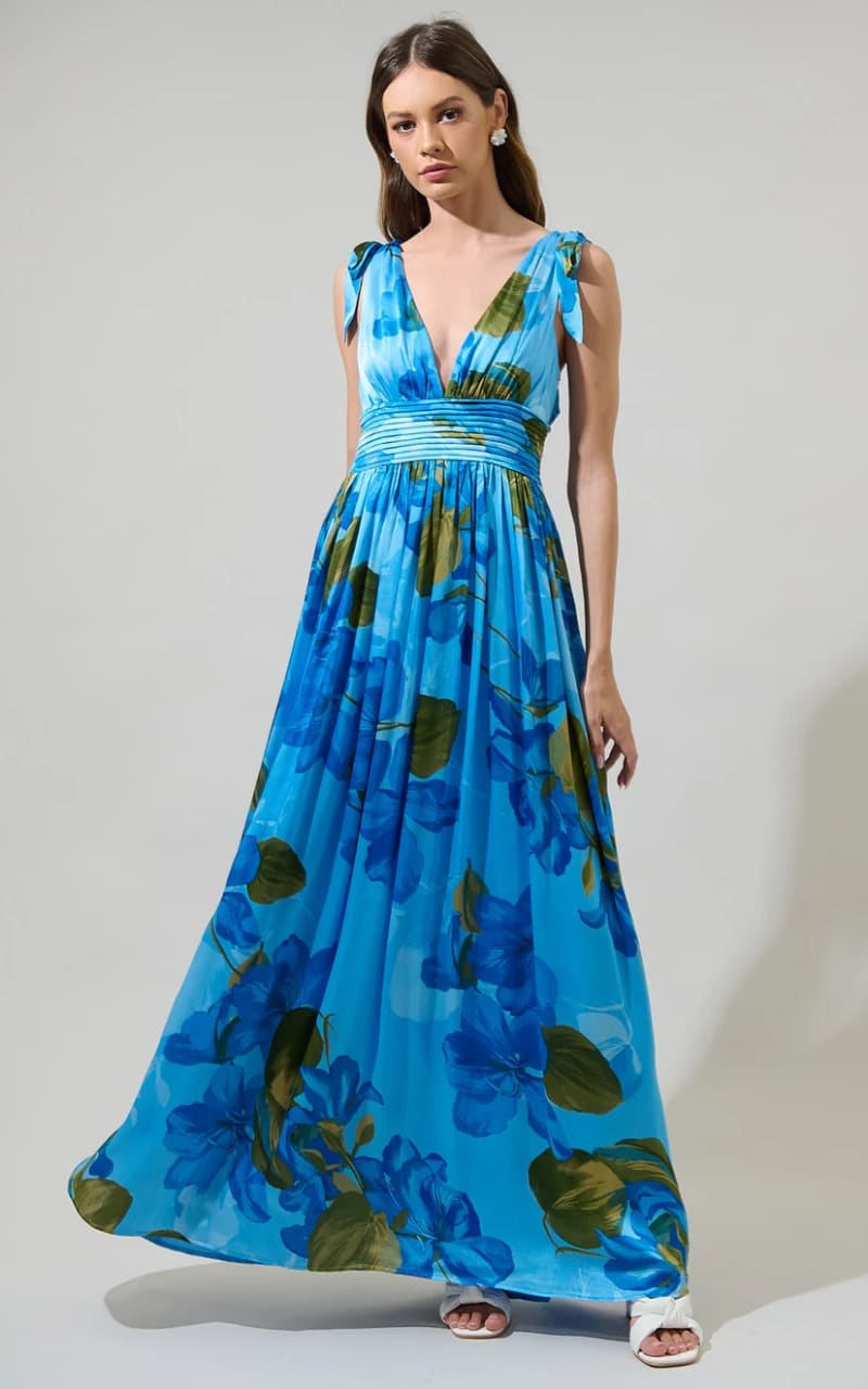 Sugarlips- Neiva Floral Descanso Pleated Maxi Dress in Blue