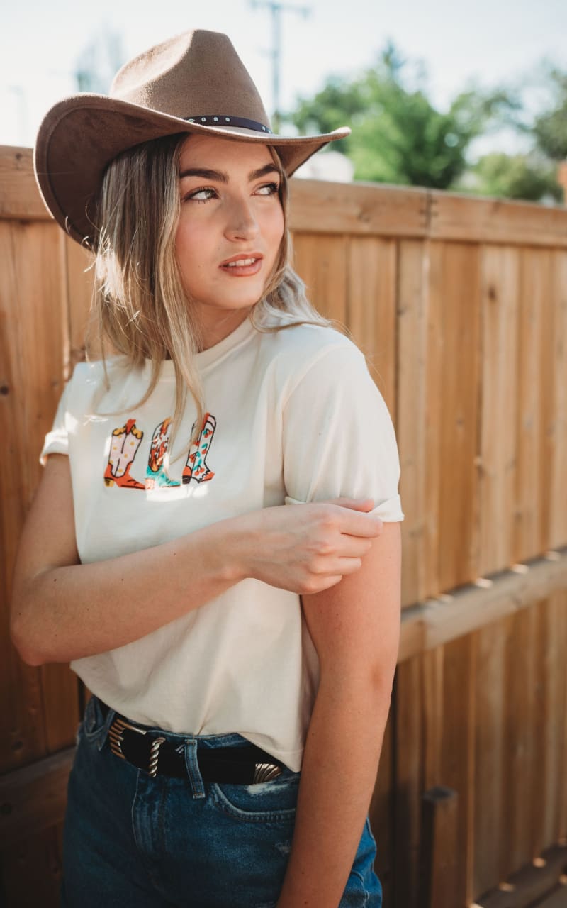 Sweet Claire- Embroidered Western Boots Tee - T-SHIRT & TANK
