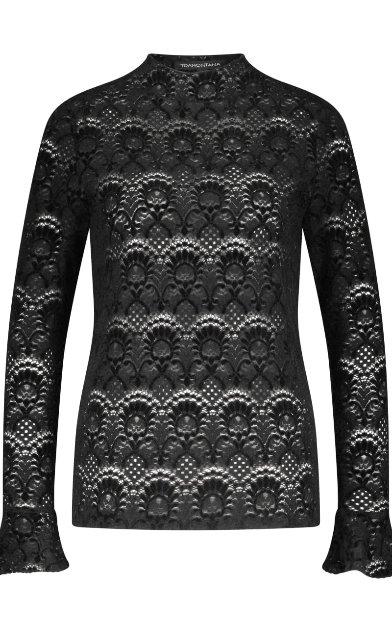 Tramontana - Flared Sleeve Brushed Lace Top in Black