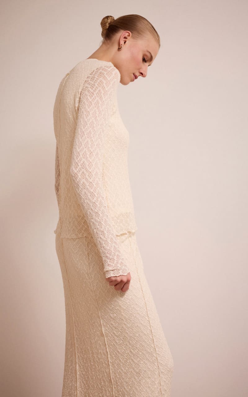 Tramontana Long Sleeve Stretch Lace Top in Stone Blouses &