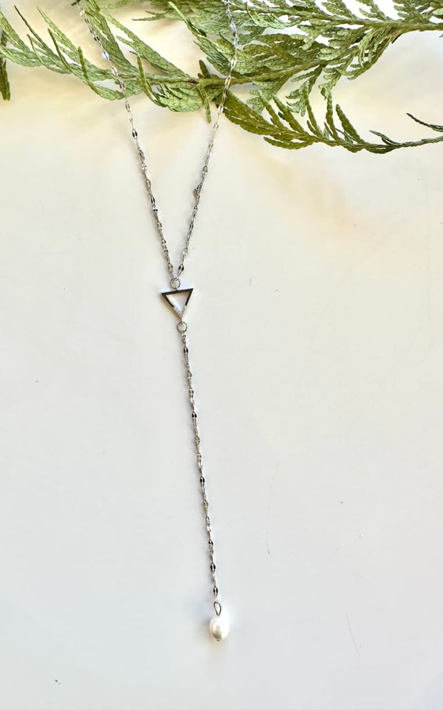 Twisted Baubles- Lariat Pave Pearl Drop Triangle Necklace -