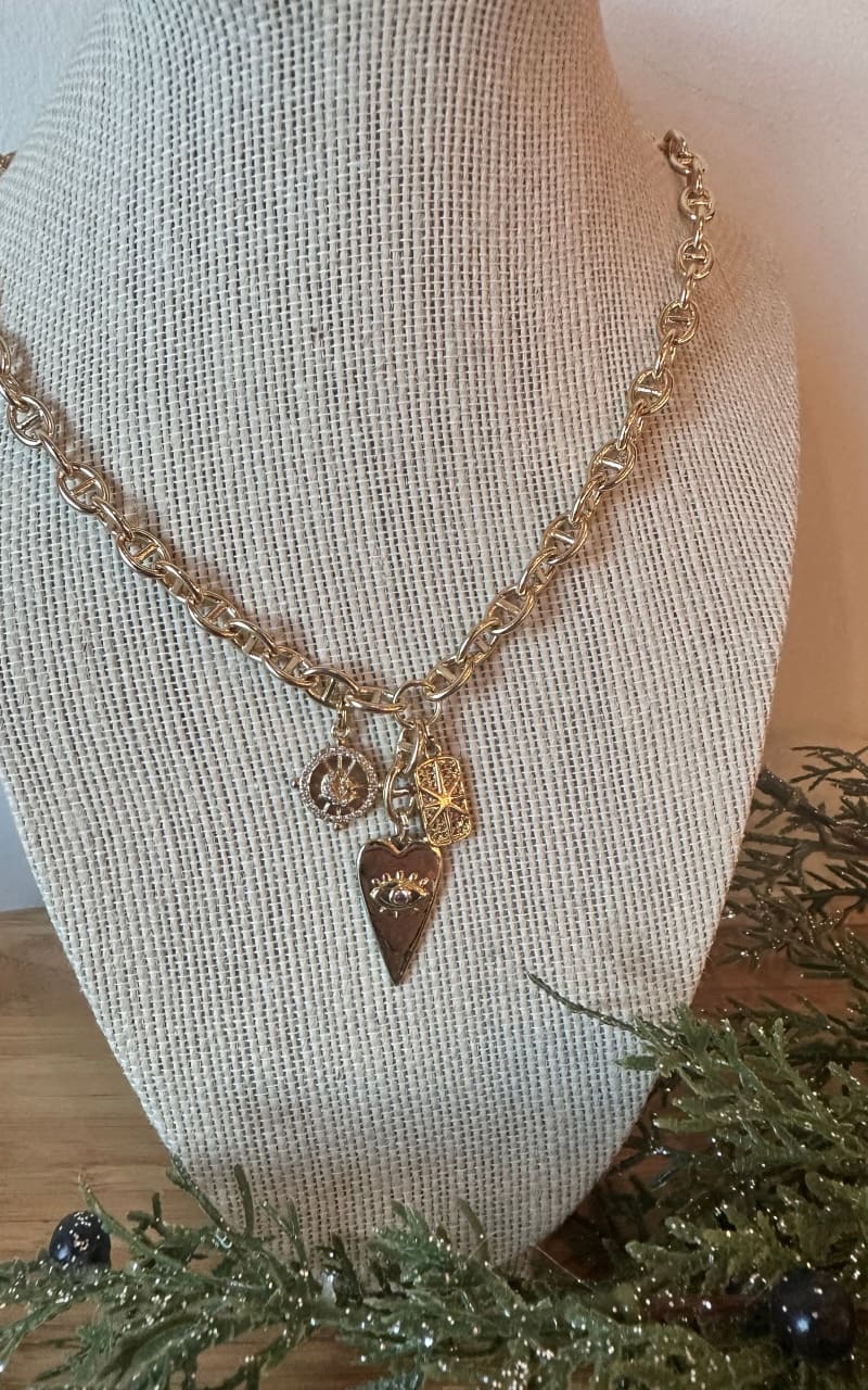 Twisted Baubles- Multi Charm Gold Plated Thick Necklace