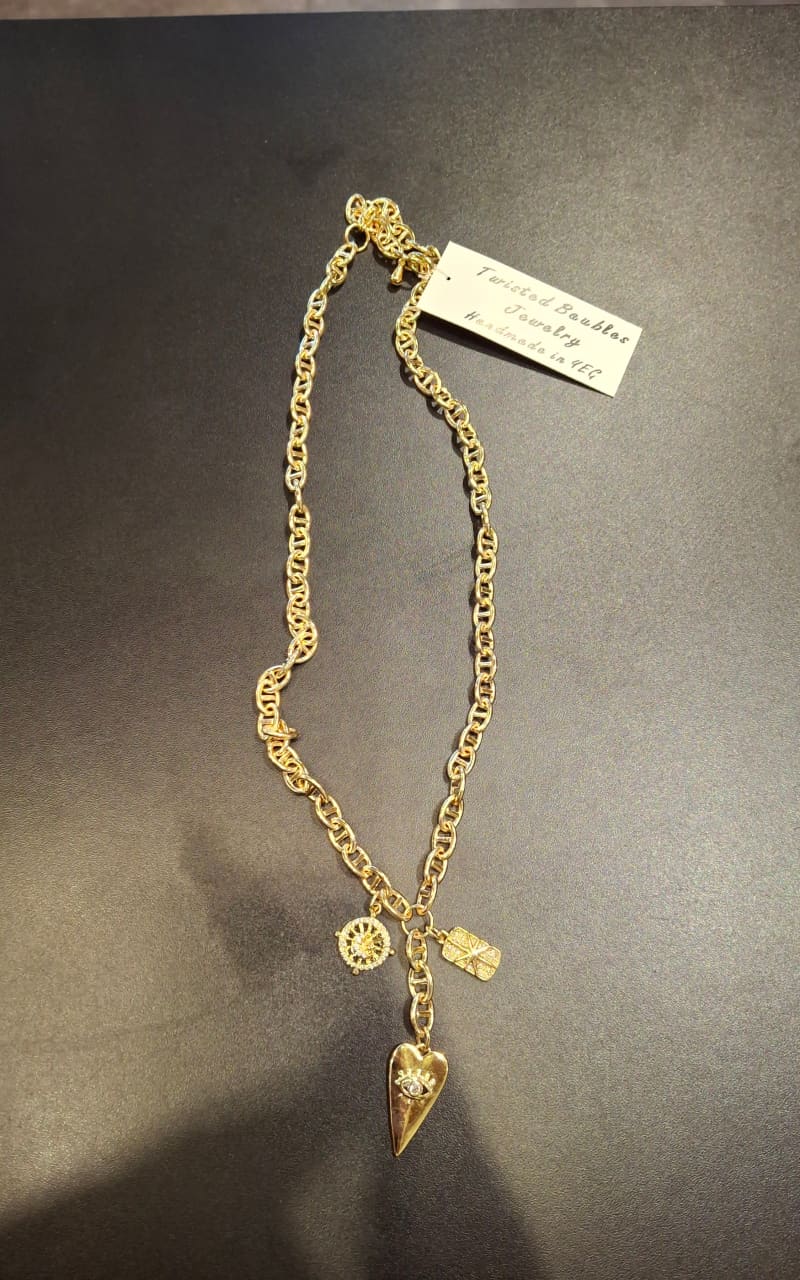 Twisted Baubles- Multi Charm Gold Plated Thick Necklace