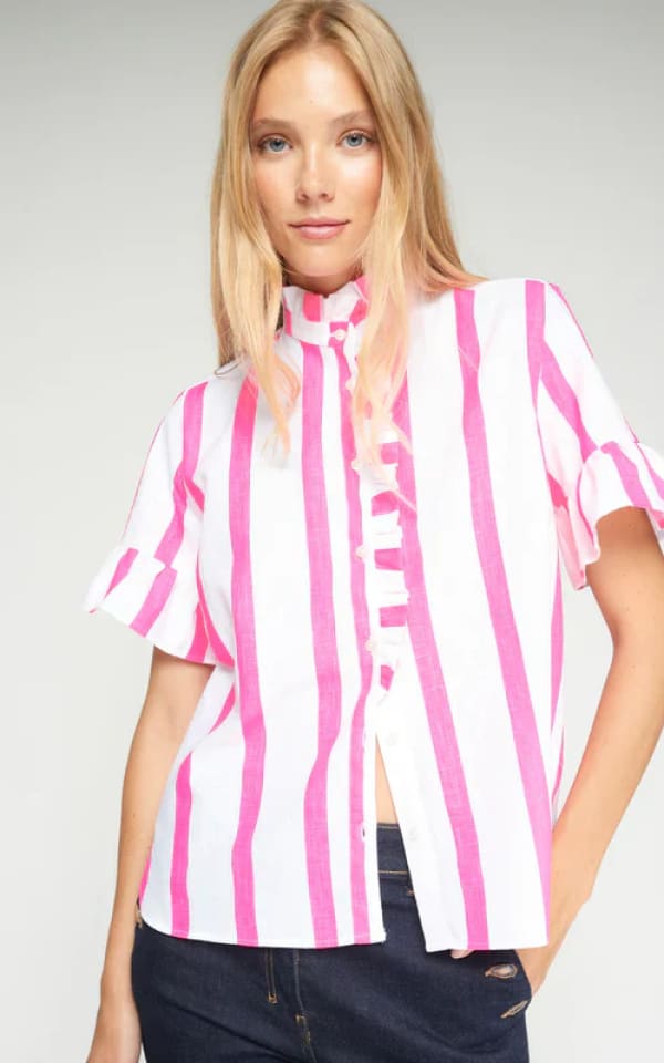 Vilagallo- Carolina Linen Blouse in Pink Stripe - Blouses &